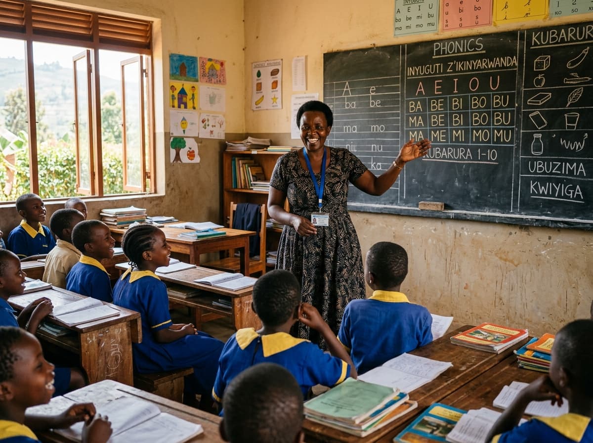 Teacher conducting a structured literacy lesson in a Rwandan primary classroom